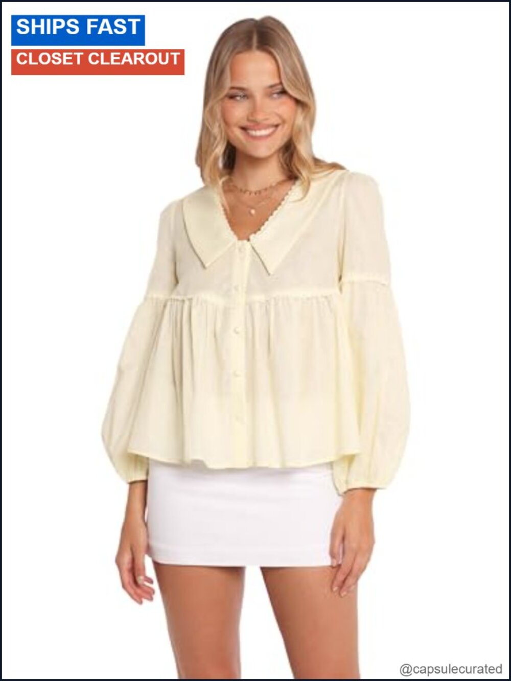 Women's Linen Cotton Long Sleeve Blouson Top with Button Front